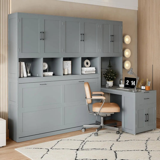 Twin Size Murphy Bed, Wooden Twin Wall Bed Frame with Closet, Drawers & Desk, Gray  bedroom furniture  home furniture