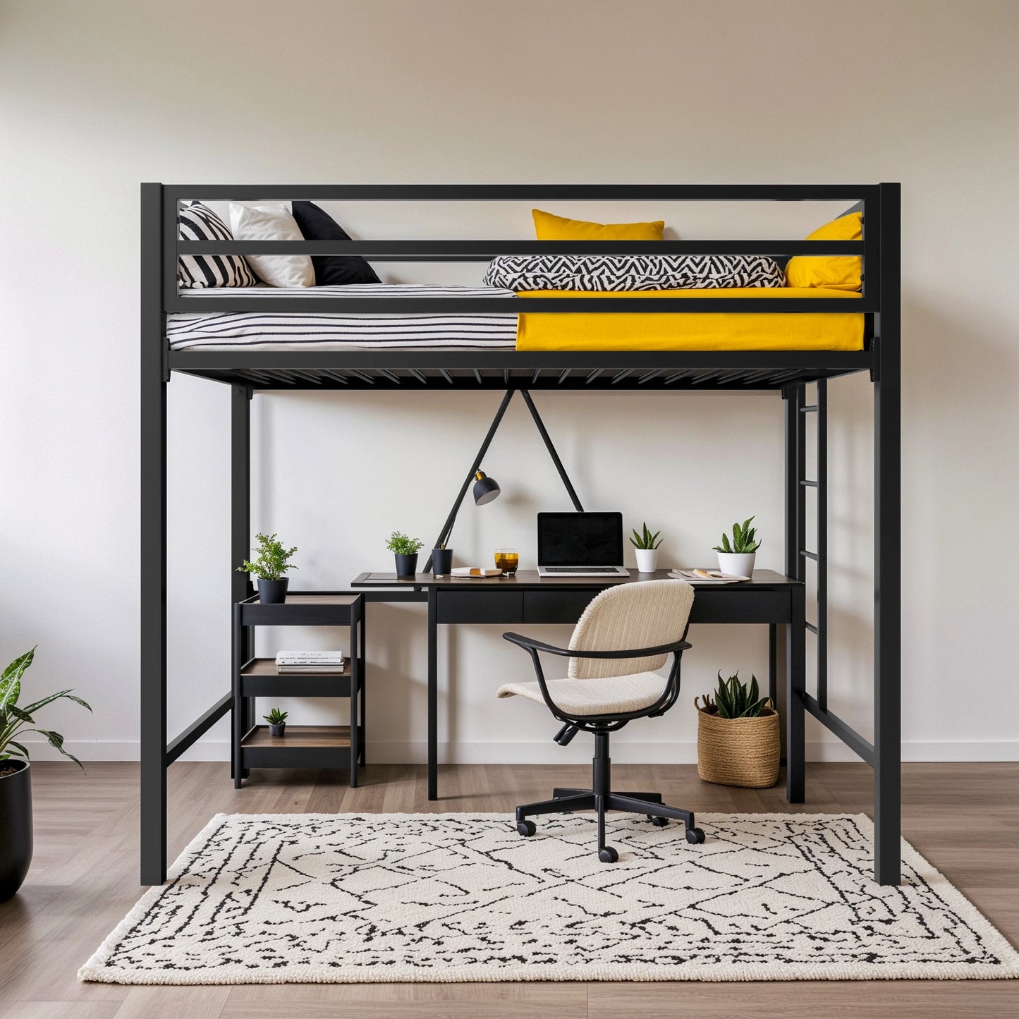 HOOMIC Modern Twin Size Metal Loft Bed Frame with Full-Length Guardrail