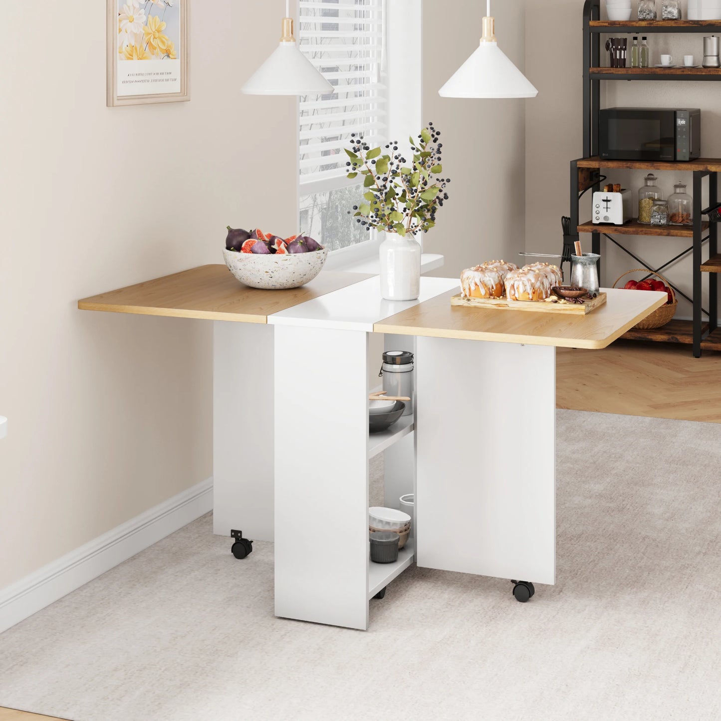 Folding Dining Table Drop Leaf Dining Table with 6 Wheels