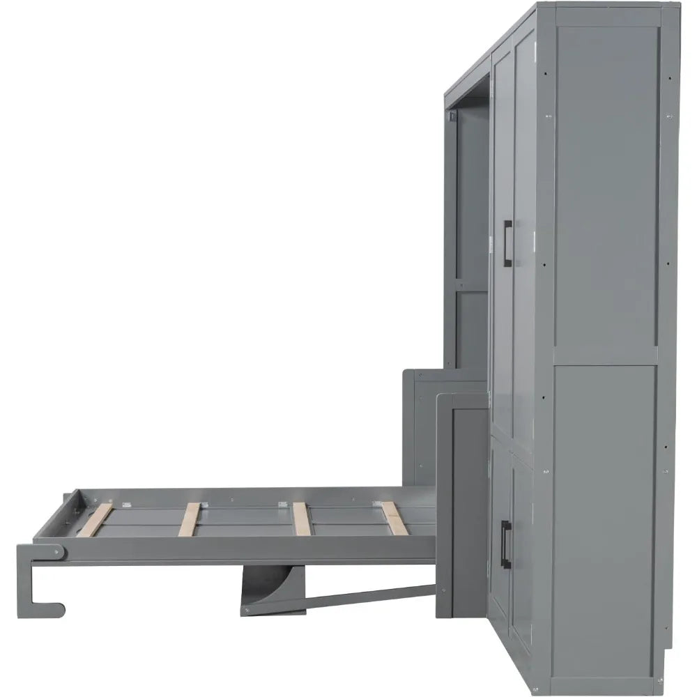 Queen Size Murphy Bed Wall Bed with Closet and Wardrobe Storage, Gray