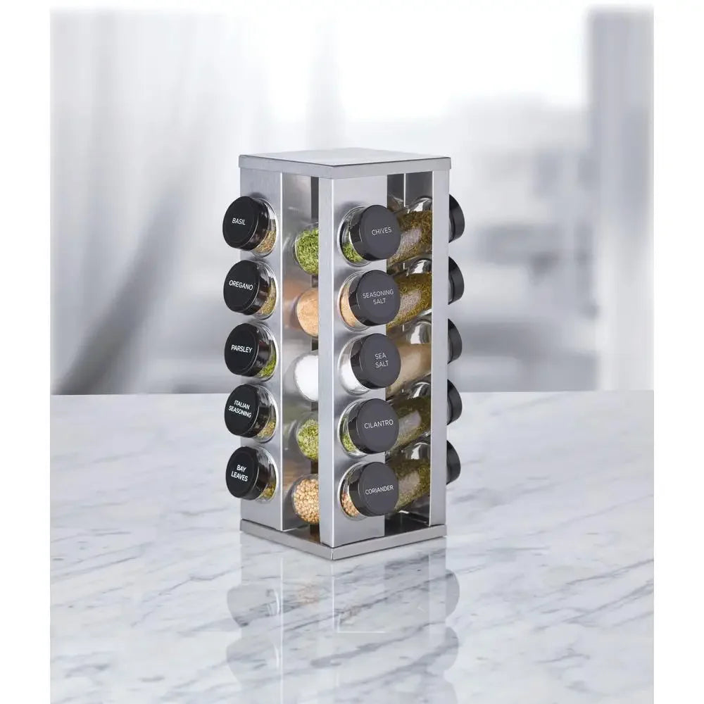 20-Jar Revolving Spice Rack Organizer Heritage Silver Kitchen Accessory Jar Set Palate Seasoning Dispenser Glass Caps Sifter