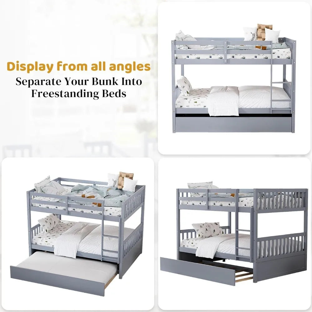 Full Over Full Bunk Bed with Trundle, Wood Convertible Bunk Beds for Kids, Bunkbed Frame with Safety Rails and Ladders, Bunk Be