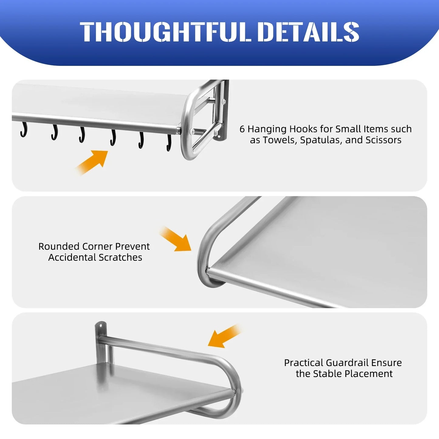 Stainless Steel Microwave Oven Wall Mount Shelf with 6 Hooks,Kitchen Organizer Storage Rack Holder, Home Organization Tools