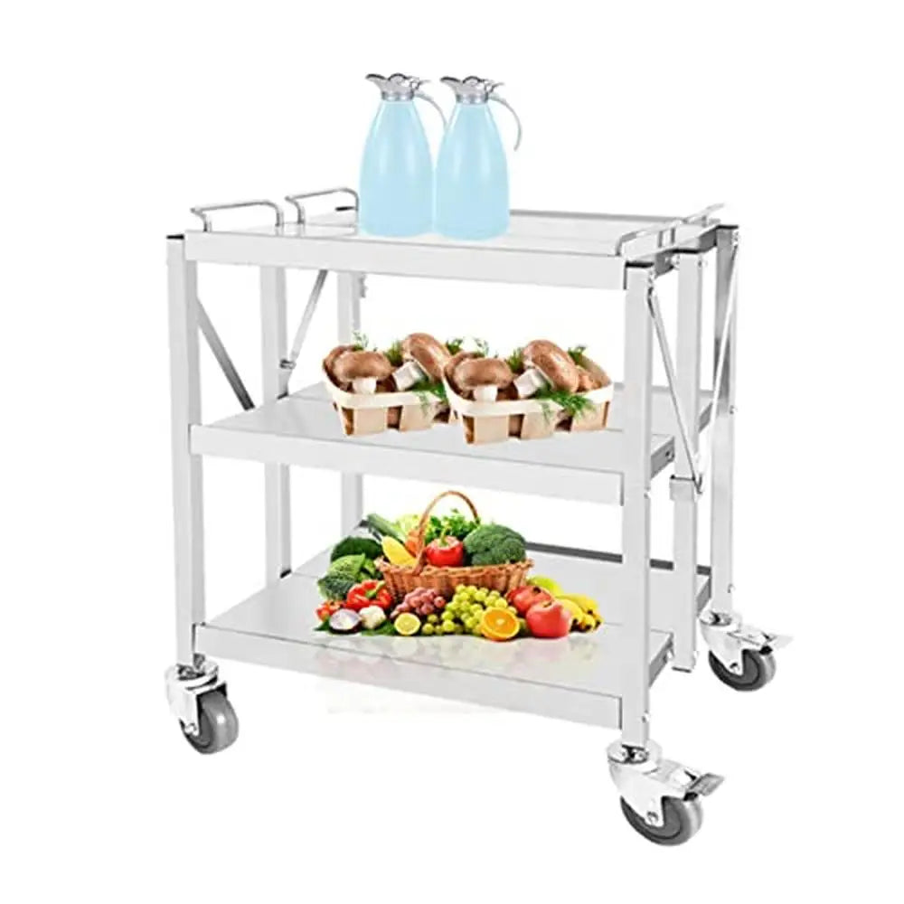 Stainless Steel Kitchen Trolley Cart Folding Utility Cart 330lbs Capacity