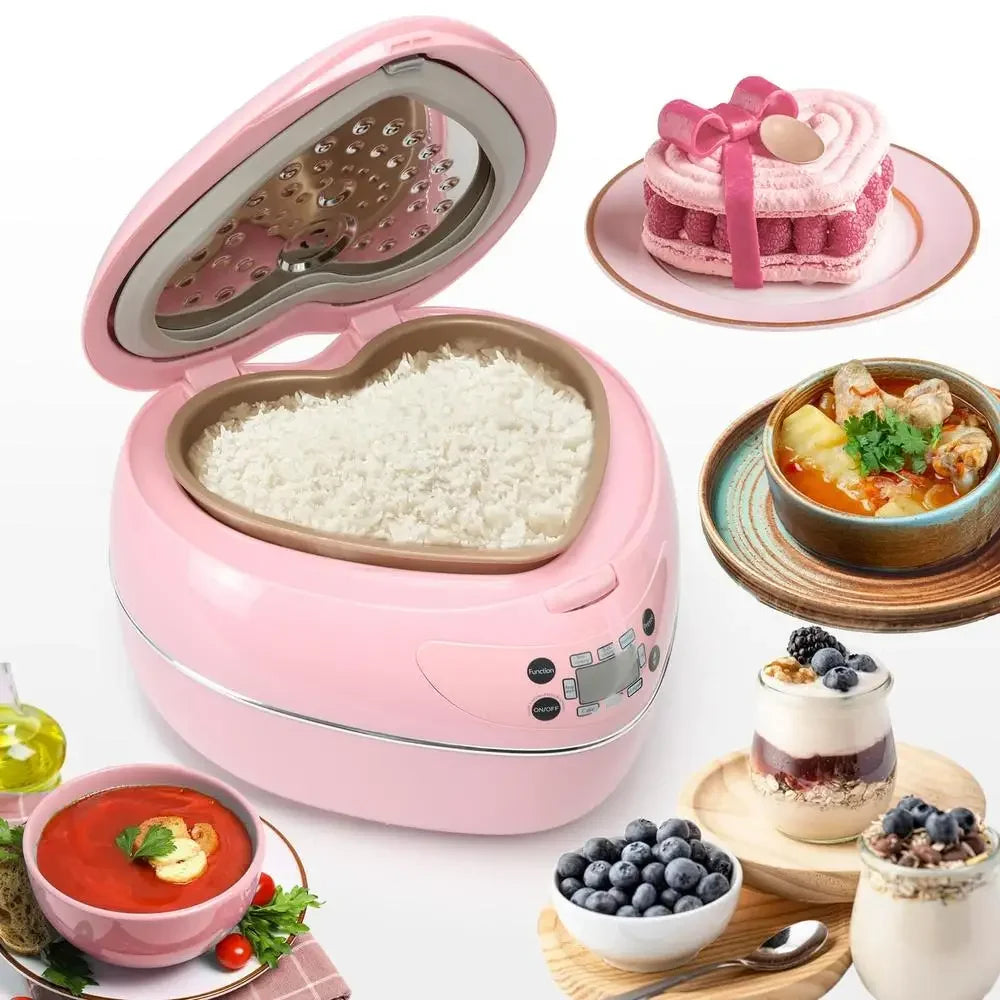 Heart Shape Rice Cooker 8 Cup Cooked 4 Cup Uncooked Multifunctional Kitchen Gadget Timer Porridge Stew Soup Cake Yogurt Steamer