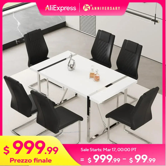 55‘’ Dining Table Set for 6, Dining Room Table with 6 Black Upholstered Dining Chairs, Dinner Table Set