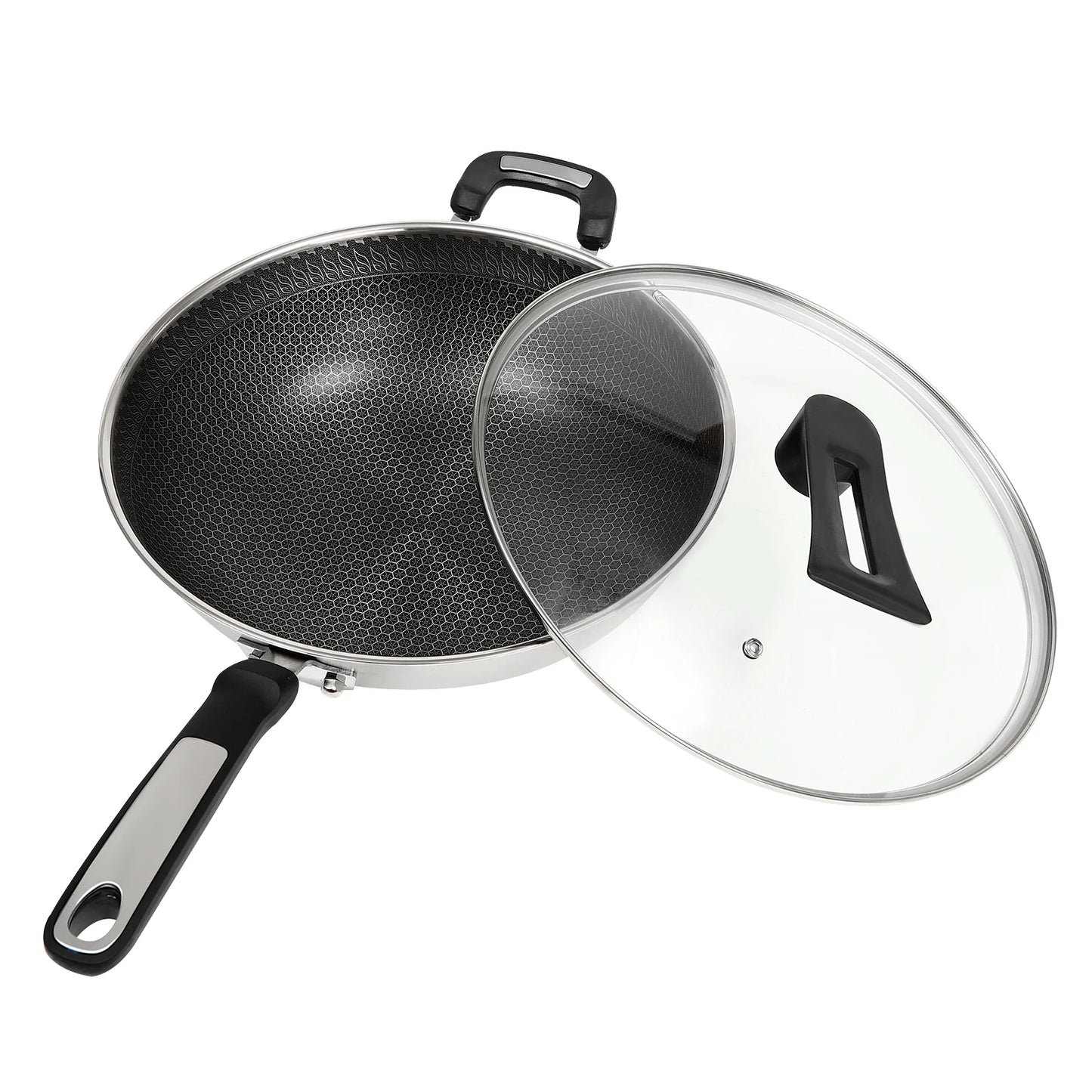 kitchen accessories，wok，32cm Stainless Steel Wok with Honeycomb Coating, Steamer Rack, Lid & Stainless Steel Spatula