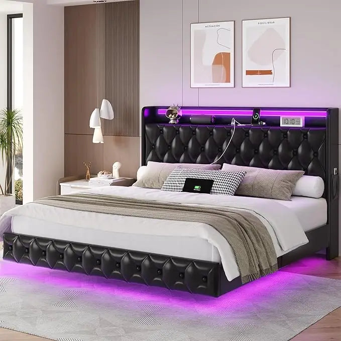Floating Bed Frame Queen Size Platform with LED Lights