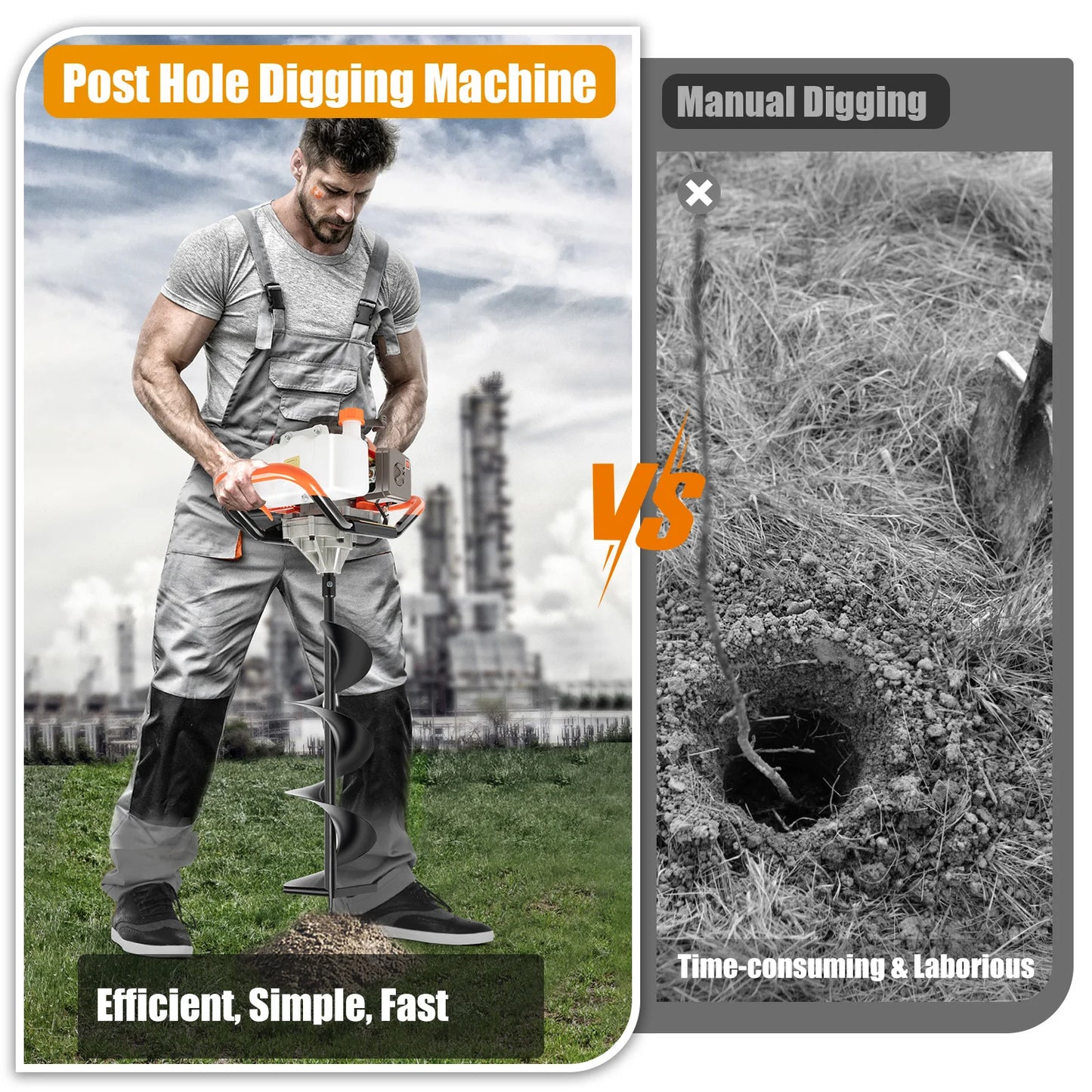 52CC 2.4HP 2-Stroke One-Man Gasoline Post Hole Digger with 3 Drill Bits for Efficient Soil Digging in Gardens & Farms
