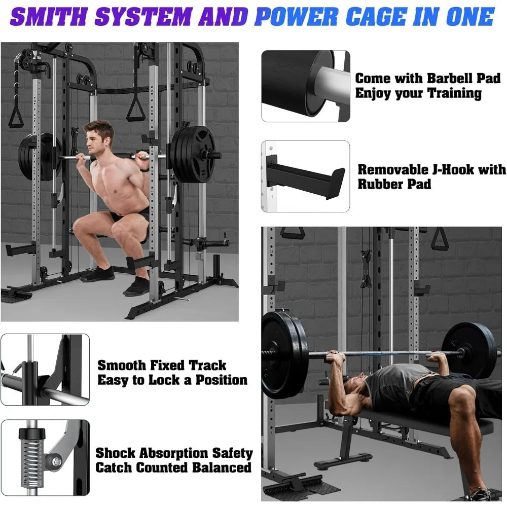Multifunctional Power Cage Rack with Smith Bar and Cable Pulley System