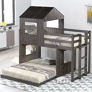Harper & Bright Designs Twin Over Full Wood Bunk Bed Frame, House Bunk Bed with Roof and Guardrails for Kids, Boys, Girls (White