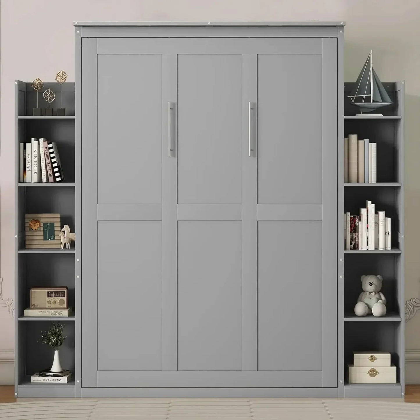 Harper & Bright Designs Queen Size Murphy Bed with Closet, Wall Bed with Drawers and Shelves, Gray