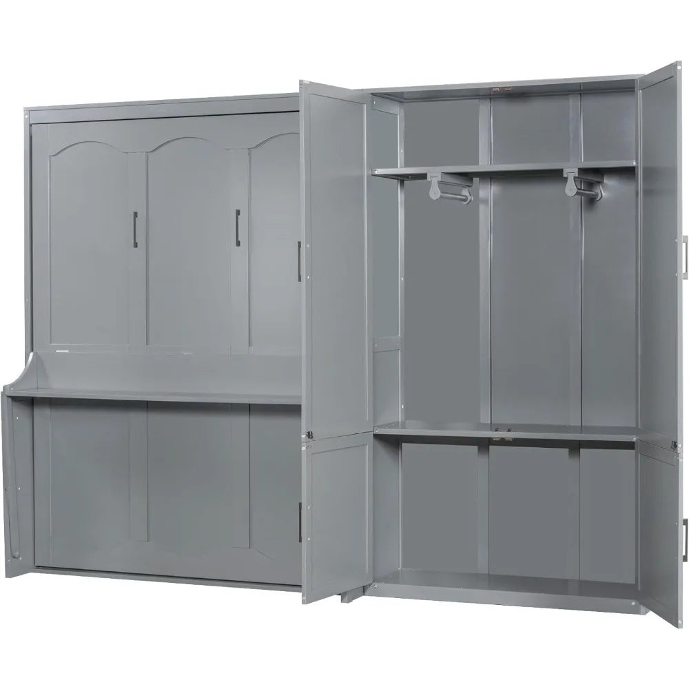 Queen Size Murphy Bed Wall Bed with Closet and Wardrobe Storage, Gray