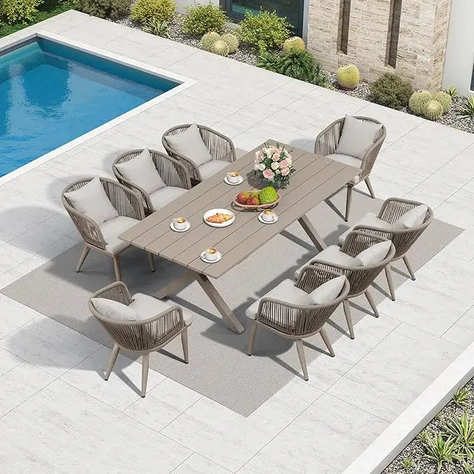 9 Pieces Patio Dining Set , for Garden Deck Teak-Finish Aluminum Frame Backyard Kitchen Set, Wicker Outdoor Furniture Table