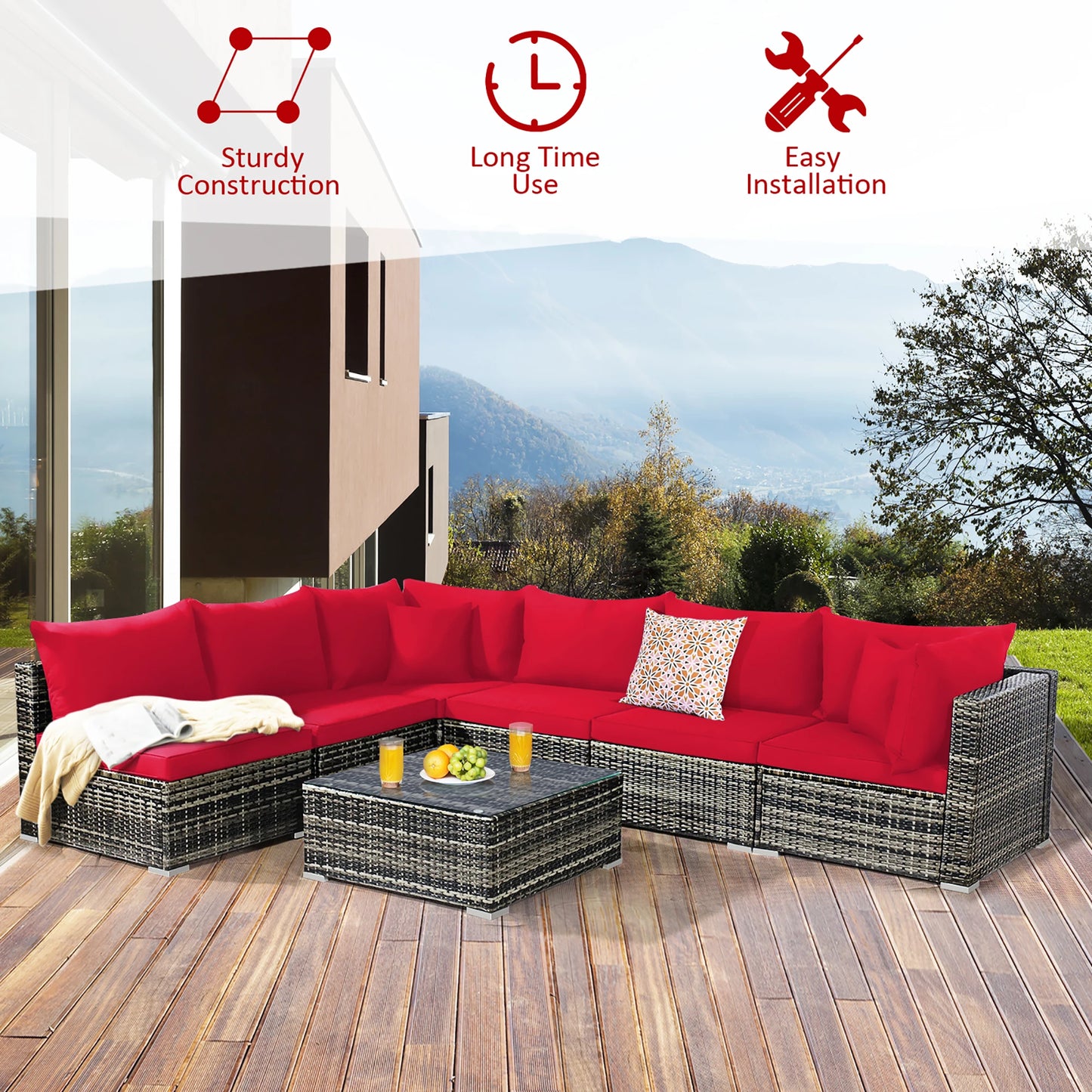 7PCS Patio Rattan Furniture Set Sectional Sofa Garden Red Cushion
