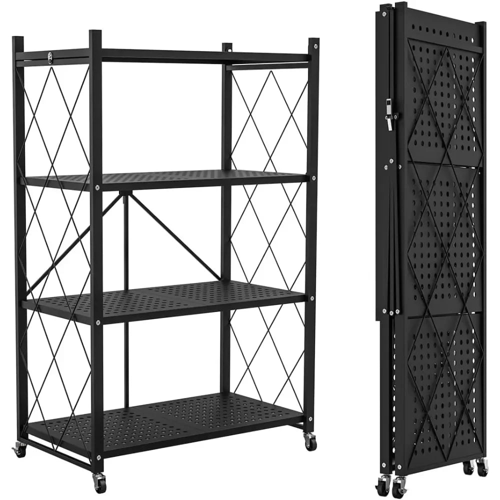4-Tier Foldable Storage Shelf with Wheels for Kitchen Use