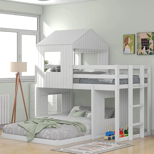 Harper & Bright Designs Twin Over Full Wood Bunk Bed Frame, House Bunk Bed with Roof and Guardrails for Kids, Boys, Girls (White
