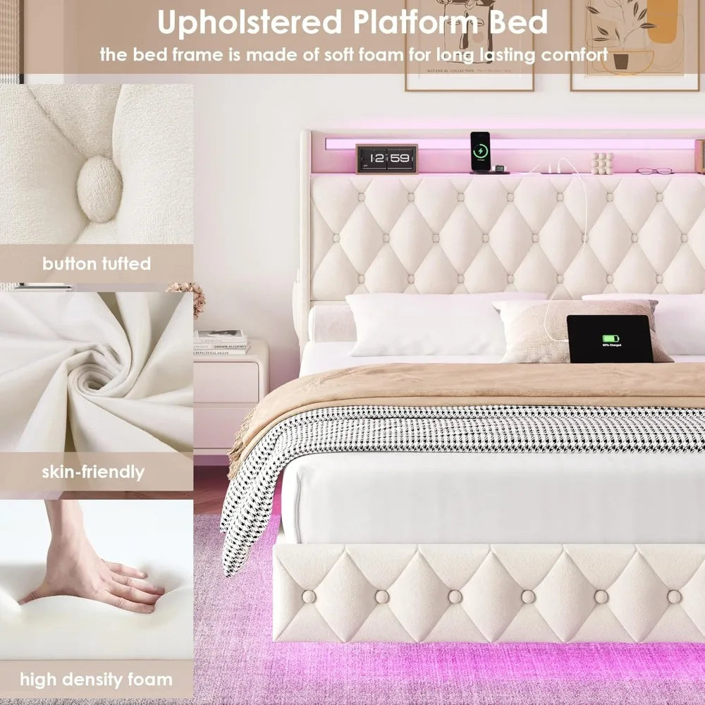 Floating Bed Frame Queen Size Platform with LED Lights