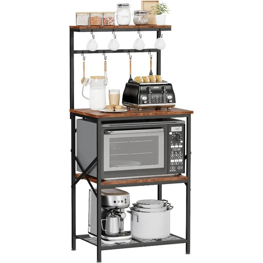 Kitchen Bakers Rack with Storage Shelves and Coffee Bar Table
