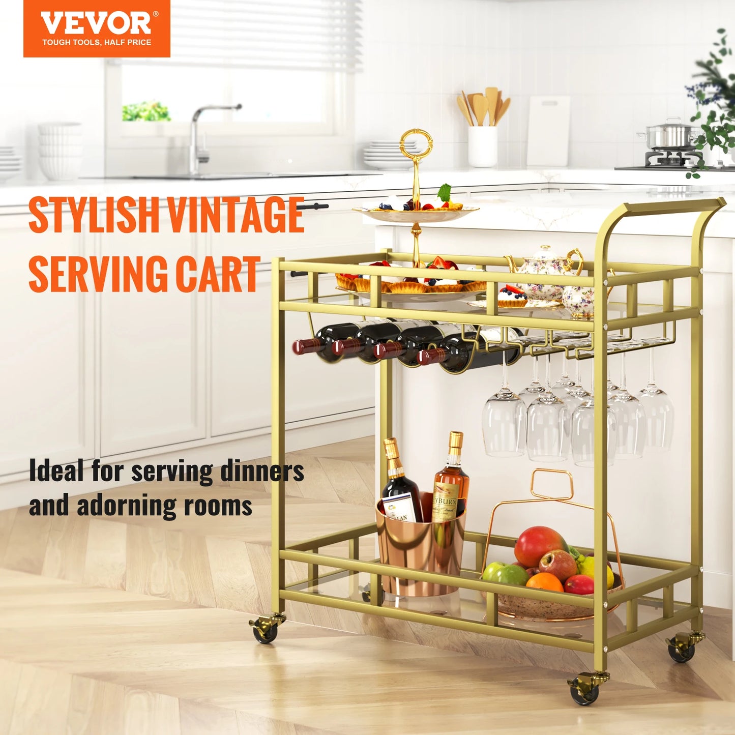 VEVOR Bar Cart Gold Home Bar Serving Cart Home Kitchen Dining and Living Room