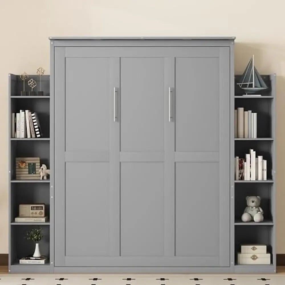 Gray Queen Murphy Cabinet Bed with Storage Shelves & LED Lights