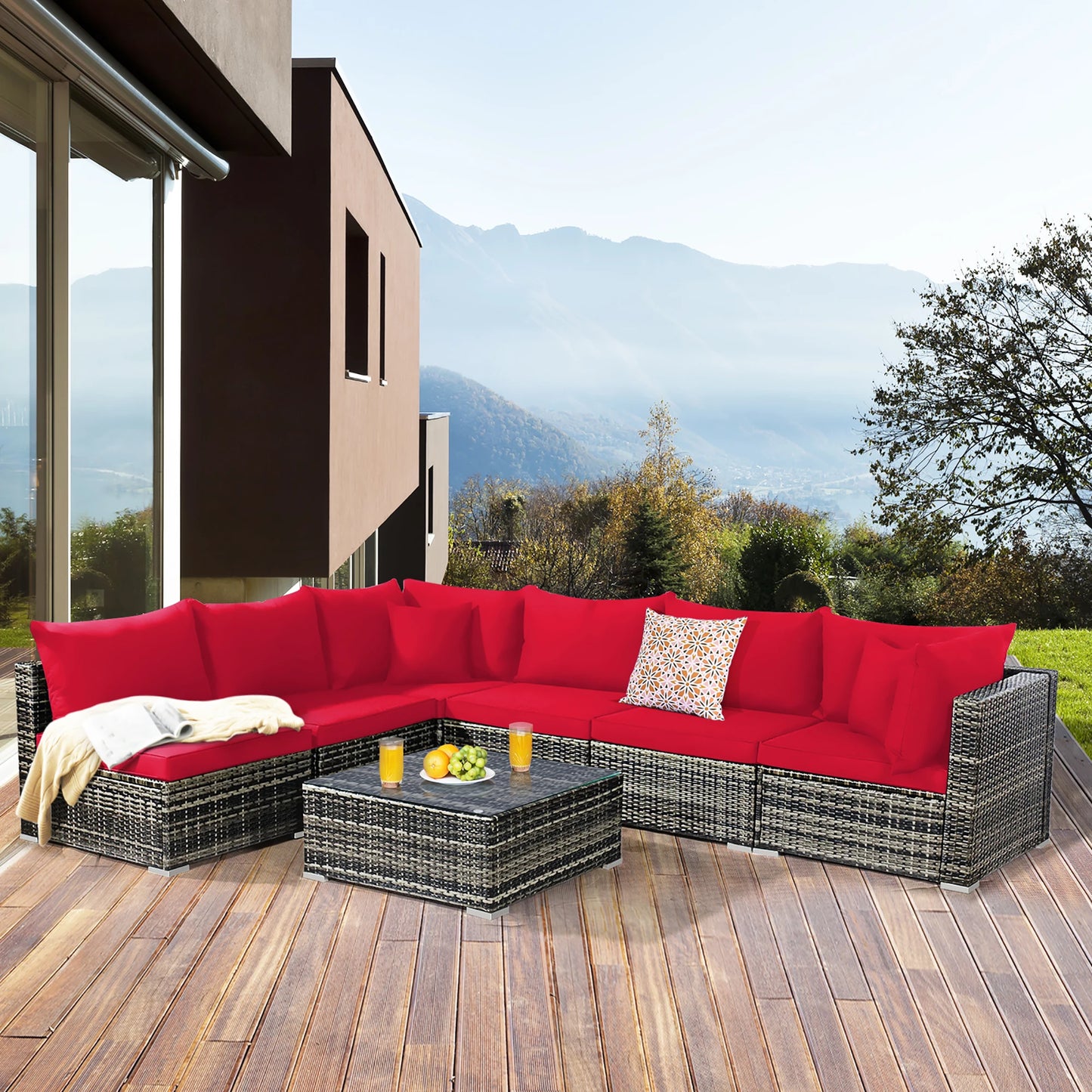 7PCS Patio Rattan Furniture Set Sectional Sofa Garden Red Cushion
