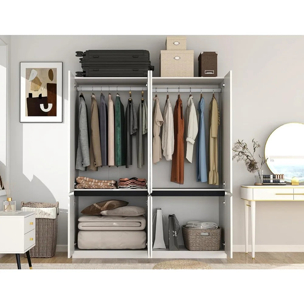 Wardrobe Armoire Closet, Door Wardrobe Cabinet with Hanging Rod and Mirror, Bedroom Large Capacity Freestanding Wood