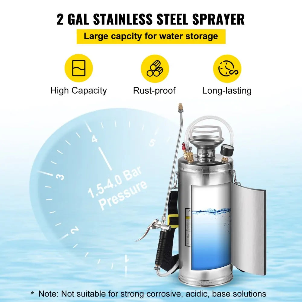 VEVOR 2Gal Stainless Steel Sprayer Hand Pump Sprayer with Pressure Gauge&Safety Valve