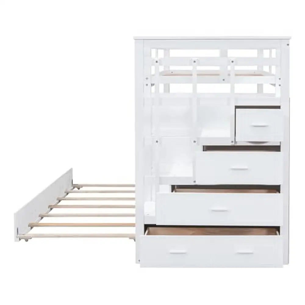Solid Wood Twin Over Twin Bunk Bed with Trundle Storage Stairs and High Rails for Kids Teens and Adults Natural White 400 Pounds Capacity