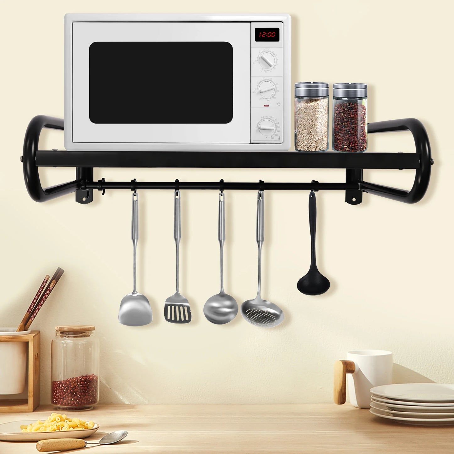 Microwave Oven Rack with Wall-Mount Design, Sturdy Carbon Steel Construction, Large Shelf for Electric Ovens and Kitchen