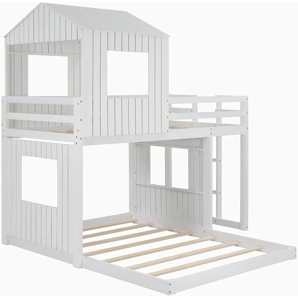 Harper & Bright Designs Twin Over Full Wood Bunk Bed Frame, House Bunk Bed with Roof and Guardrails for Kids, Boys, Girls (White