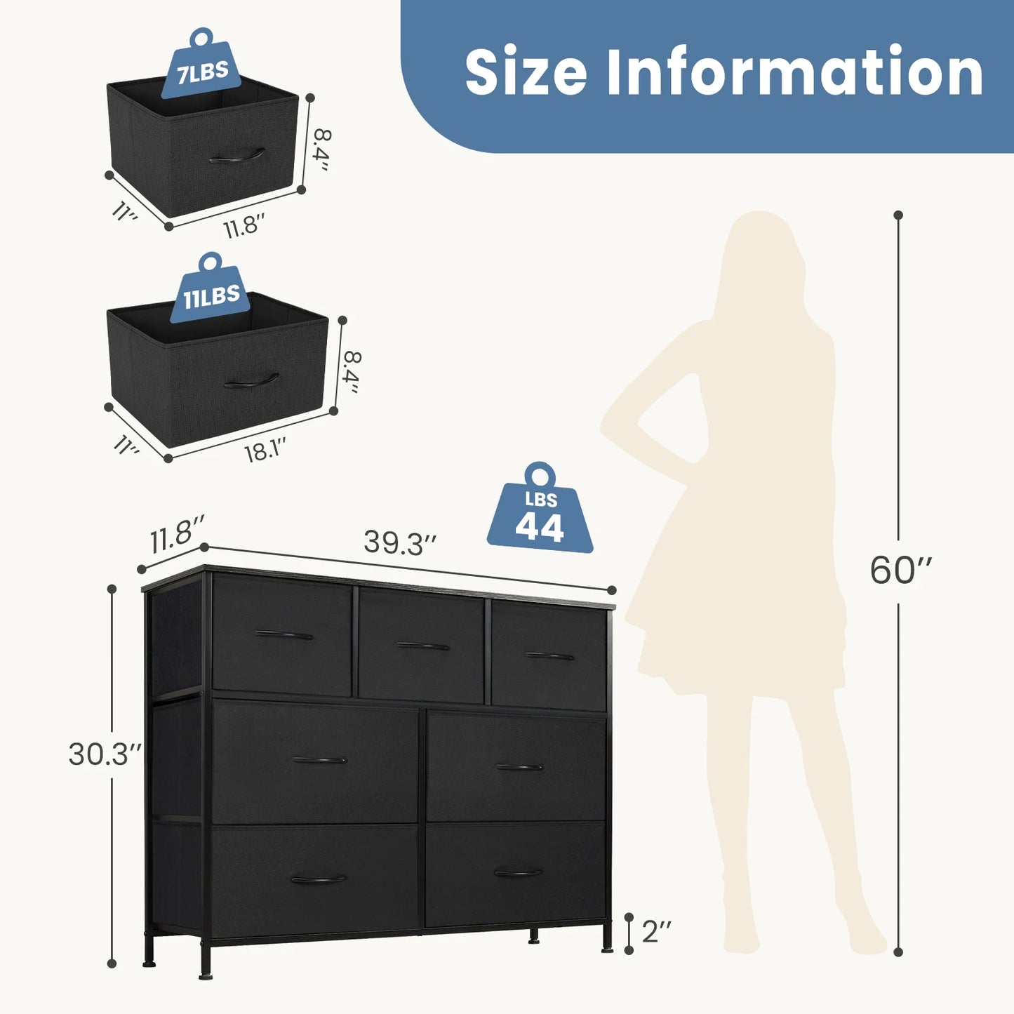 JHK Dresser For Bedroom With 7 Fabric Drawers Organizer Modern Minimalist Style