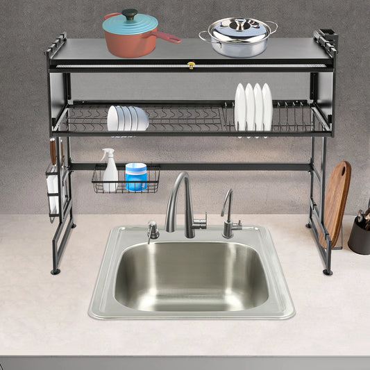 2-Tiers Dish Drying Rack Carbon Steel Cutlery Drainer 95x30x80cm