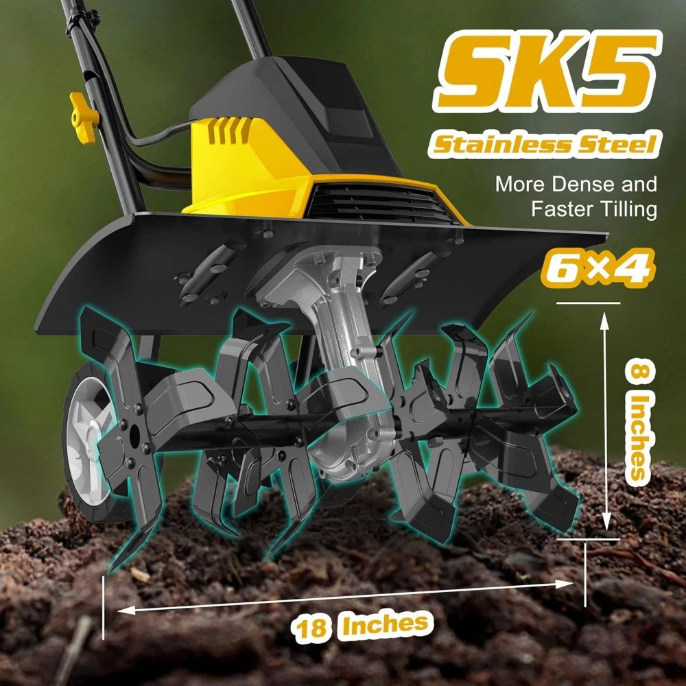 Electric Corded Garden Tiller and Cultivator, 120V 18-Inch 13.5AMP Rototiller Tool, 4'' - 8'' Tilling Depth