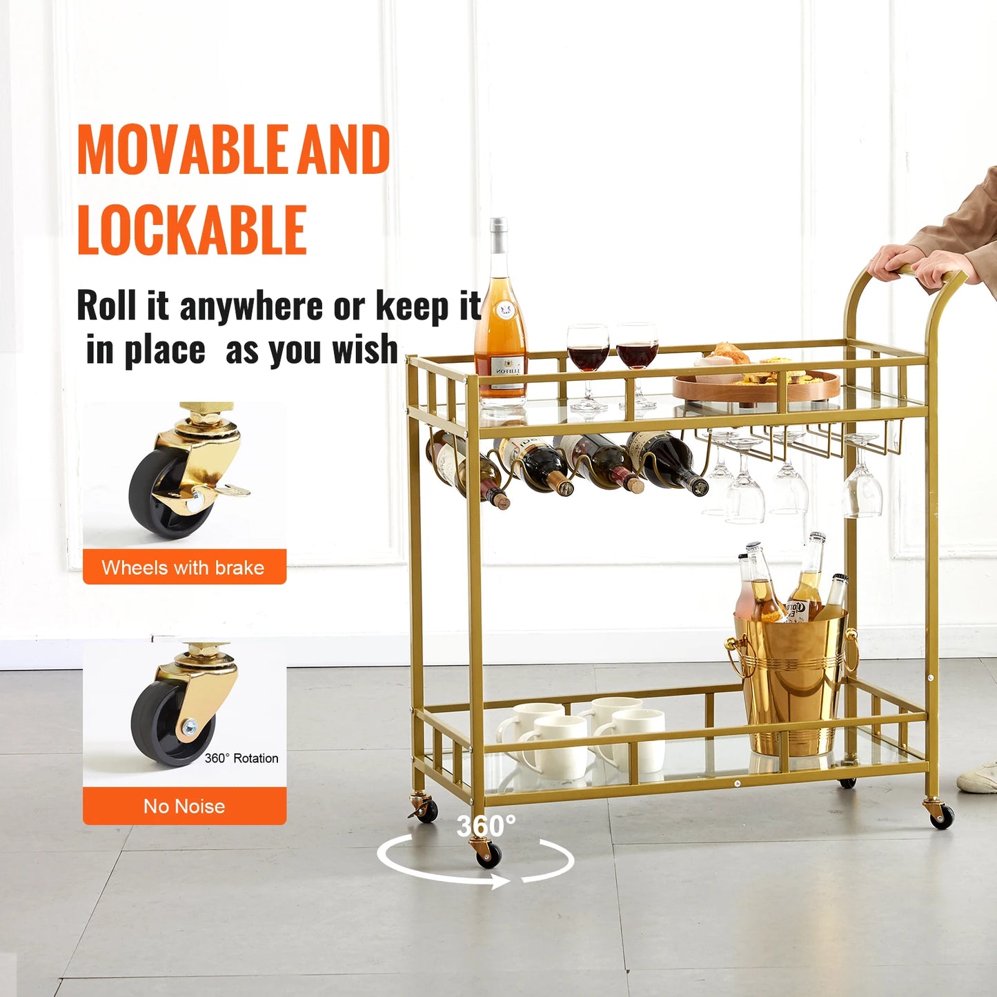 VEVOR Bar Cart Gold Home Bar Serving Cart Home Kitchen Dining and Living Room