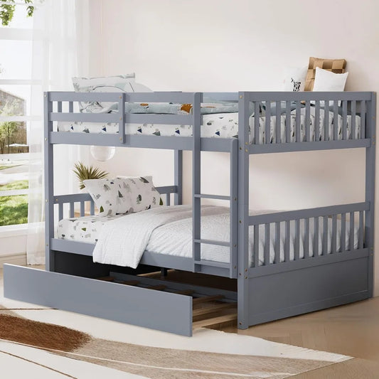 Full Over Full Bunk Bed with Trundle, Wood Convertible Bunk Beds for Kids, Bunkbed Frame with Safety Rails and Ladders, Bunk Be