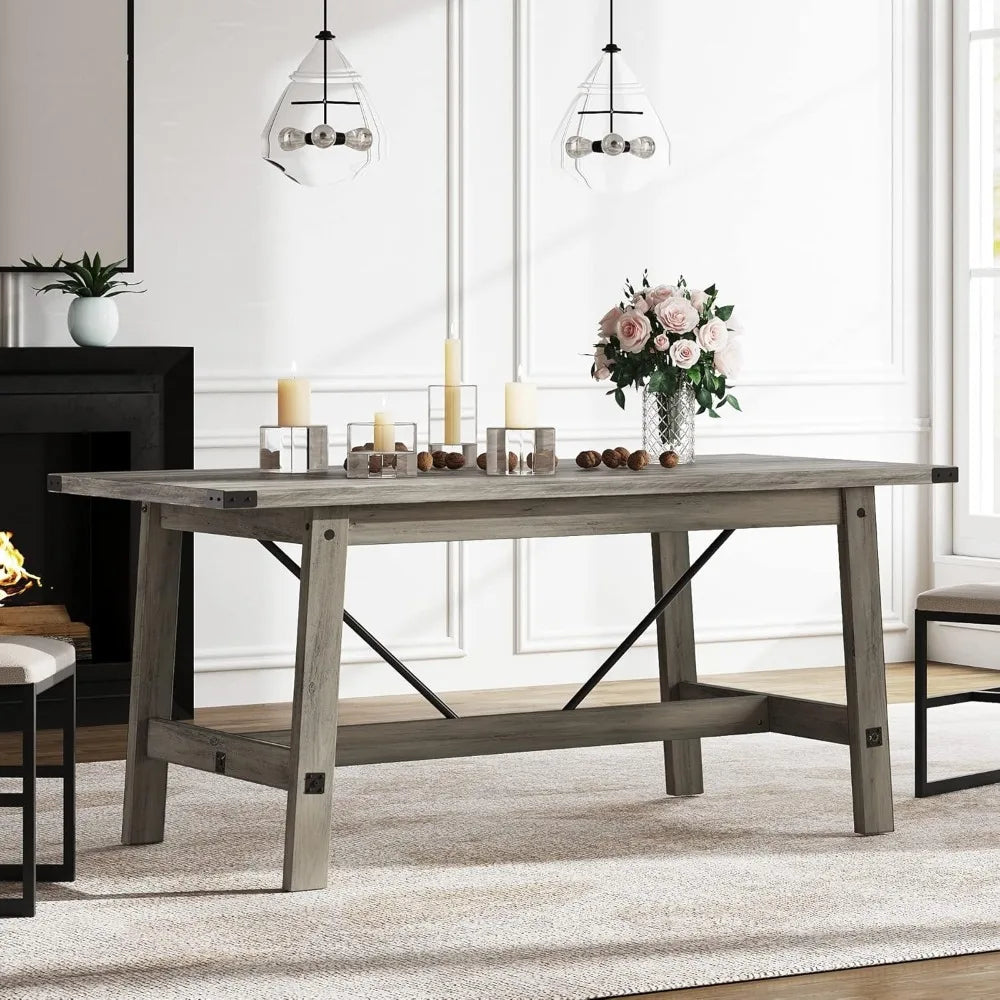 4-6 Person Farmhouse Dining Table with Heavy Duty Wooden Legs