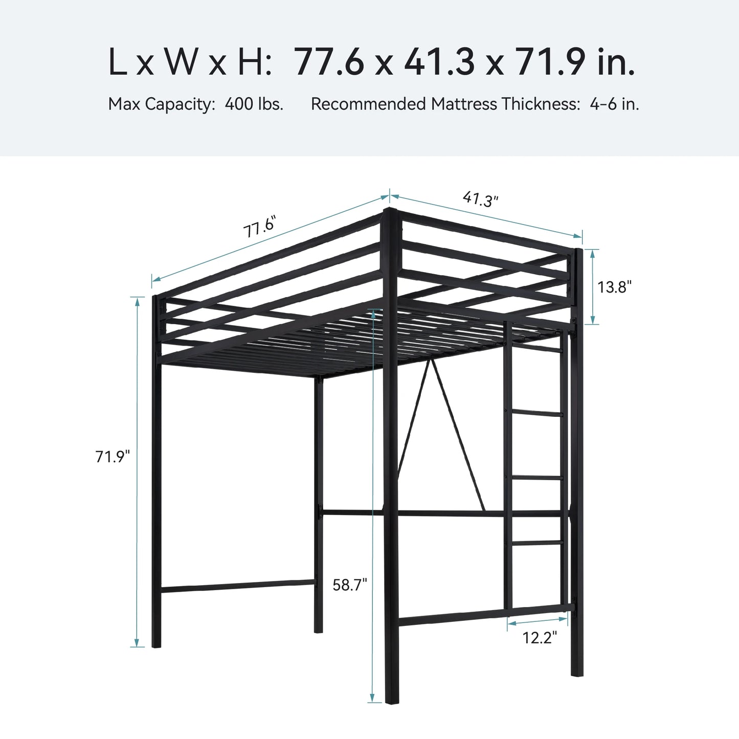 HOOMIC Modern Twin Size Metal Loft Bed Frame with Full-Length Guardrail