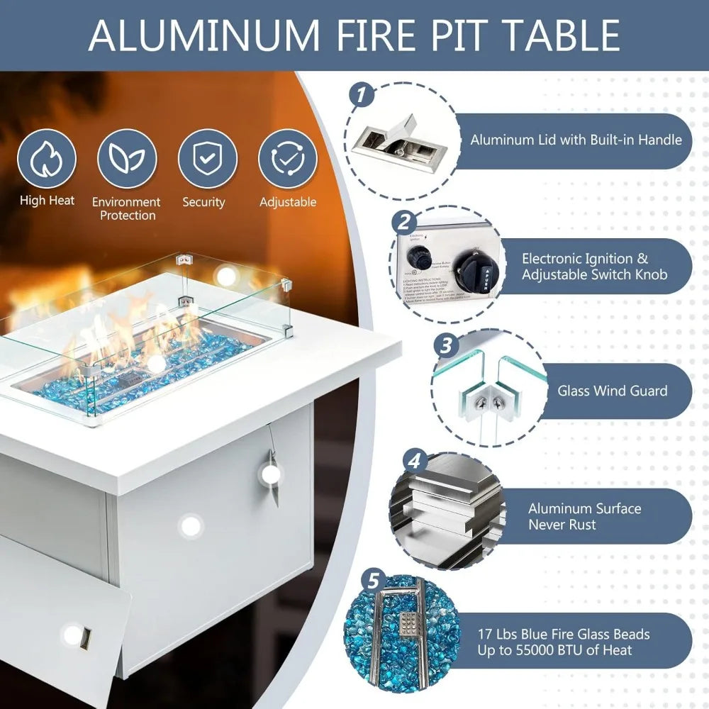 7 Pcs Aluminum Patio Furniture with Fire Pit Conversation Set