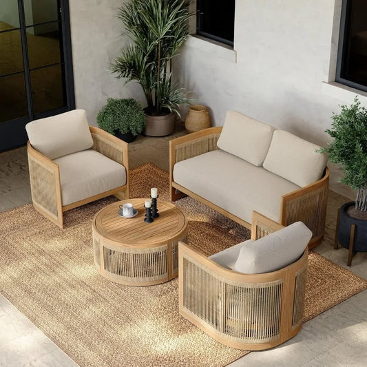 4-Piece Teak & Woven Rope Outdoor Sofa Set
