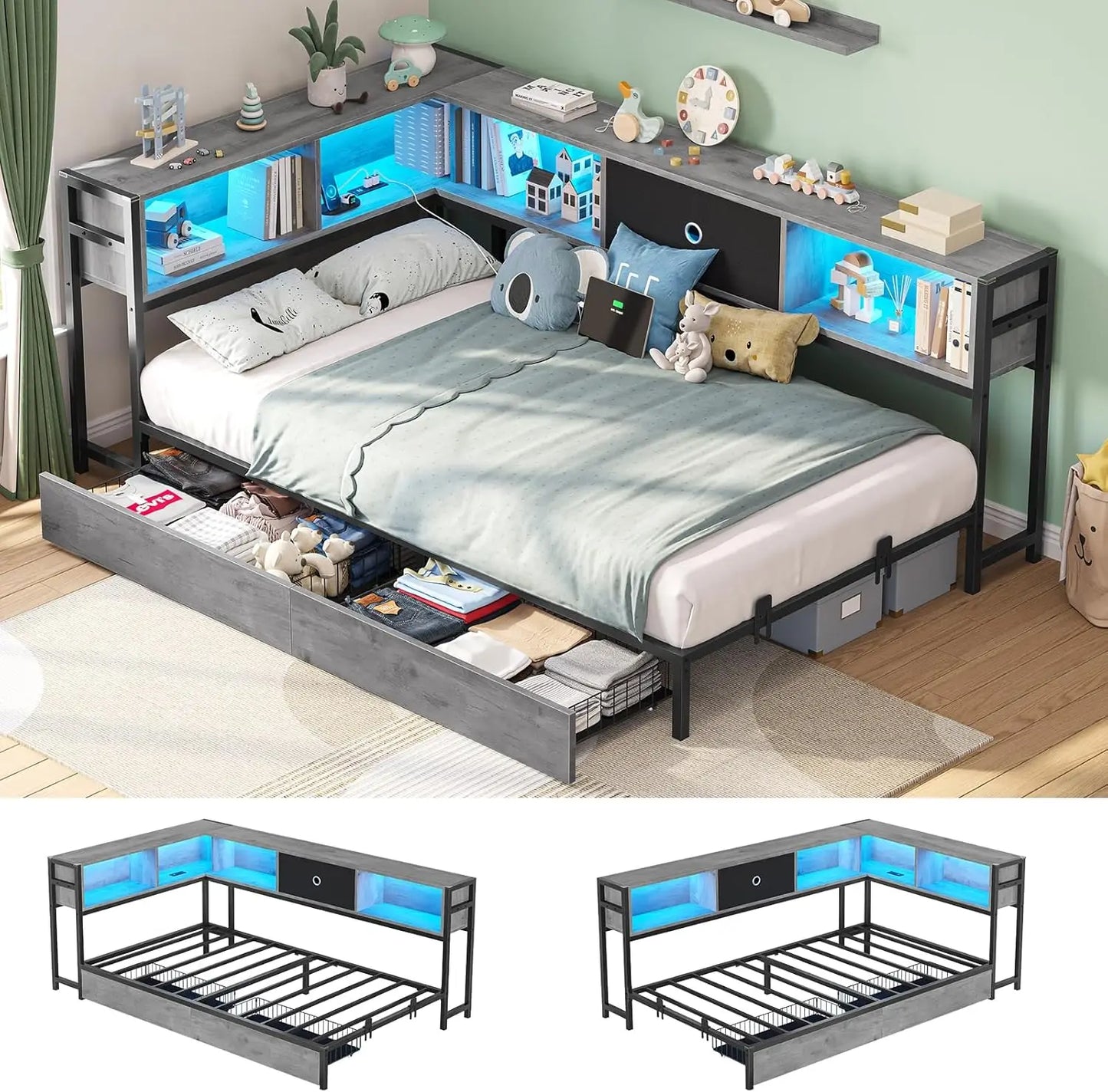 Corner Bed Frame with Storage Bookcase, Storage Drawers Underneath