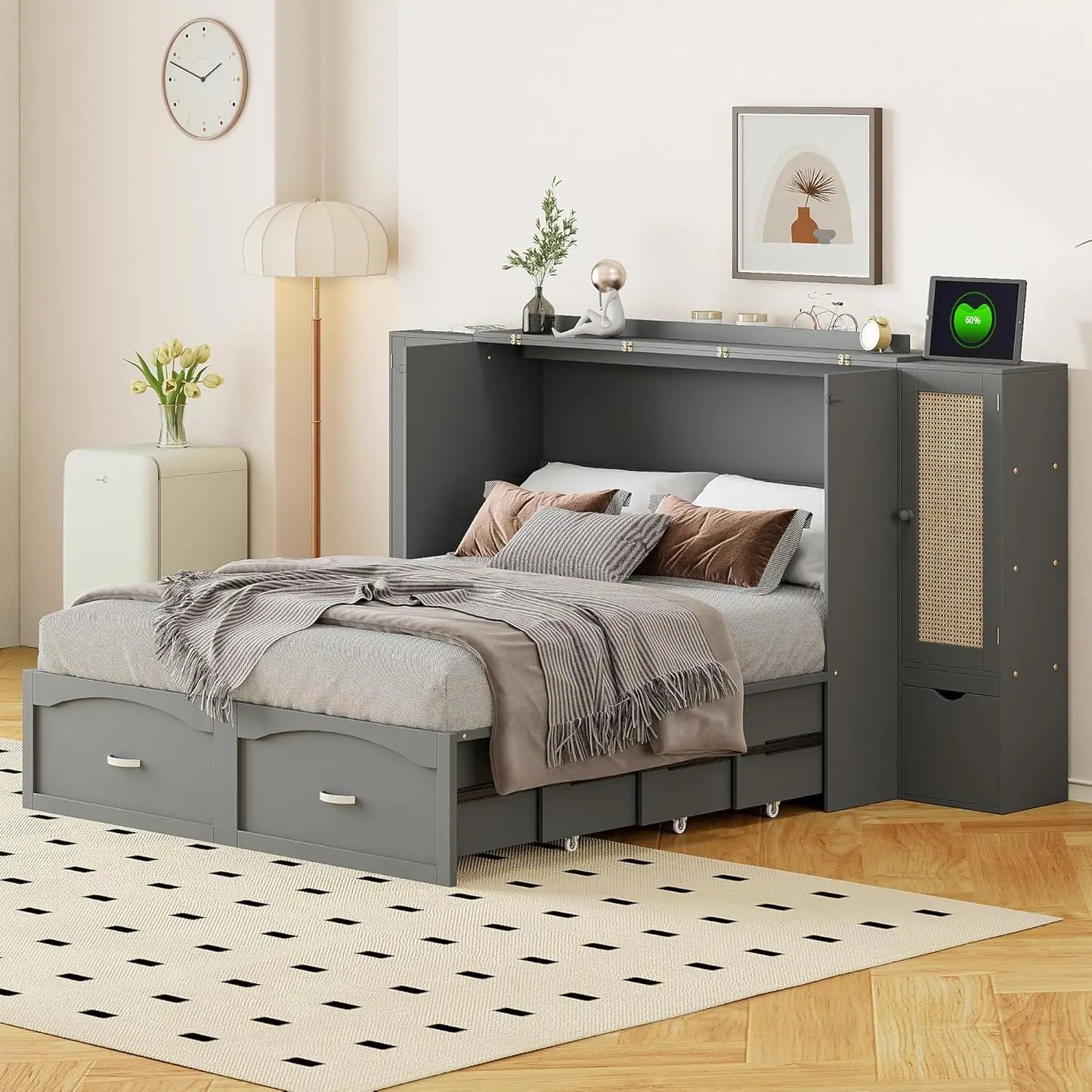Queen Size Murphy Bed Wall Bed with Closet and Wardrobe Storage, Gray