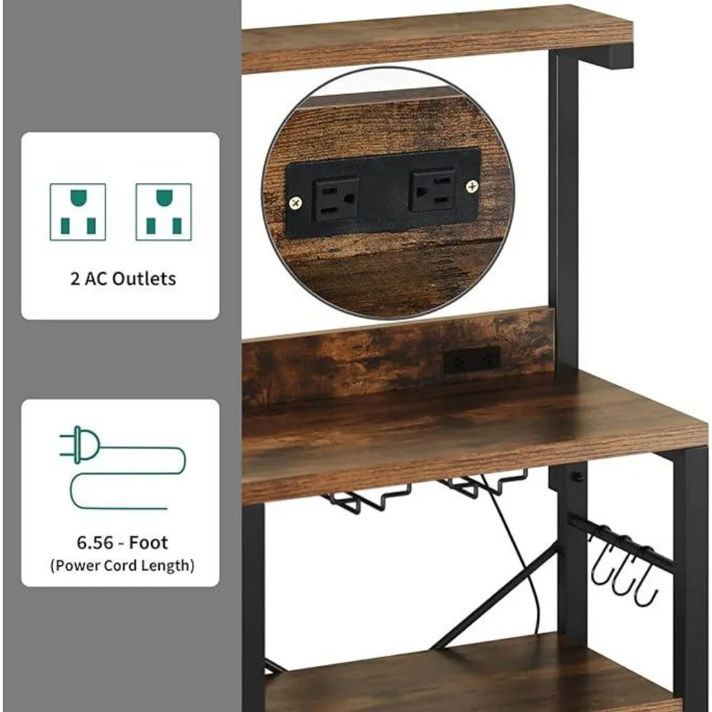 Small Kitchen Microwave Bakers Stand Wine Rack, Wine Rack,Coffee Bar Storage with Power Outlet for Liquor Thicken Shelf Room