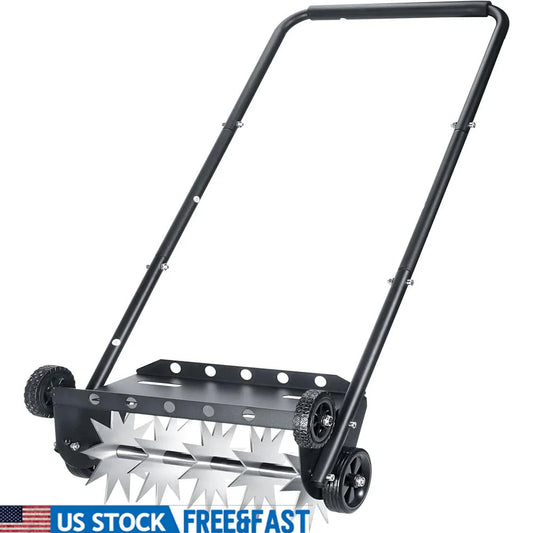 Manual Lawn Aerator 18 Inch Push Spike Tool with 4 Wheels Efficient Yard Care and Soil Aeration