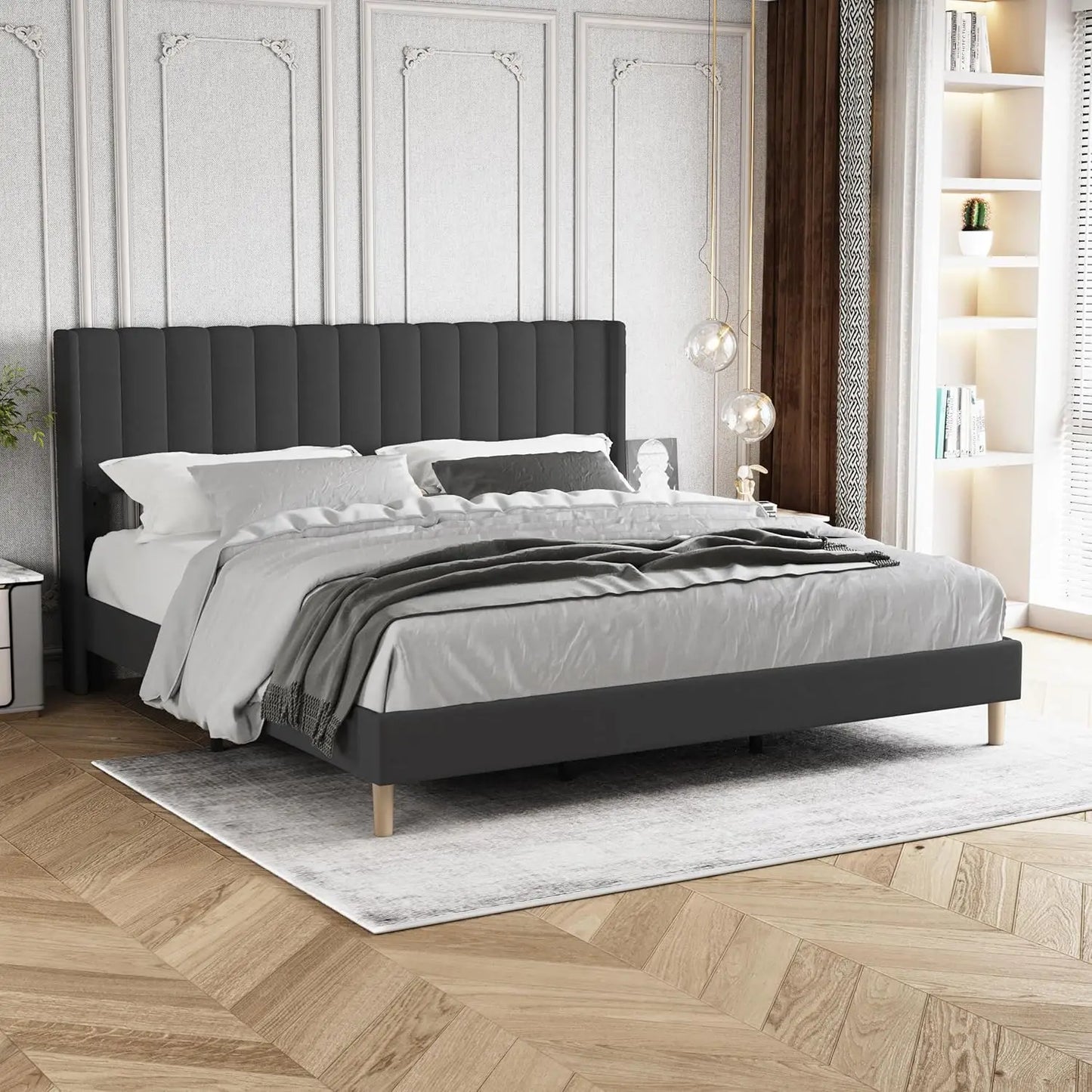 Upholstered Platform Bed Frame King Size with Headboard