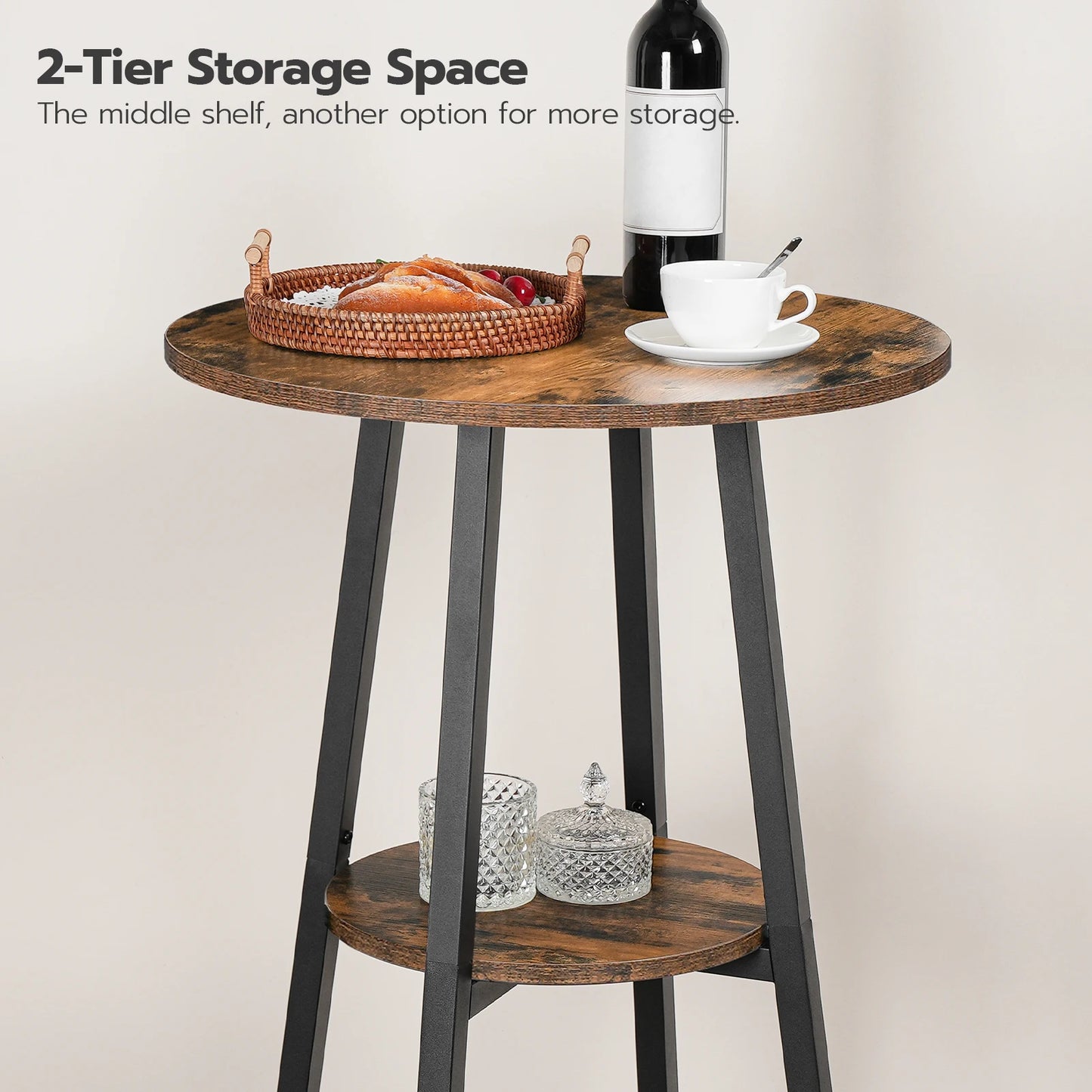Bar Table, Round Pub Table, 2-Tier Bistro Table with Storage