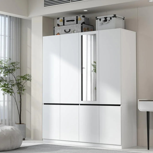Wardrobe Armoire Closet, Door Wardrobe Cabinet with Hanging Rod and Mirror, Bedroom Large Capacity Freestanding Wood
