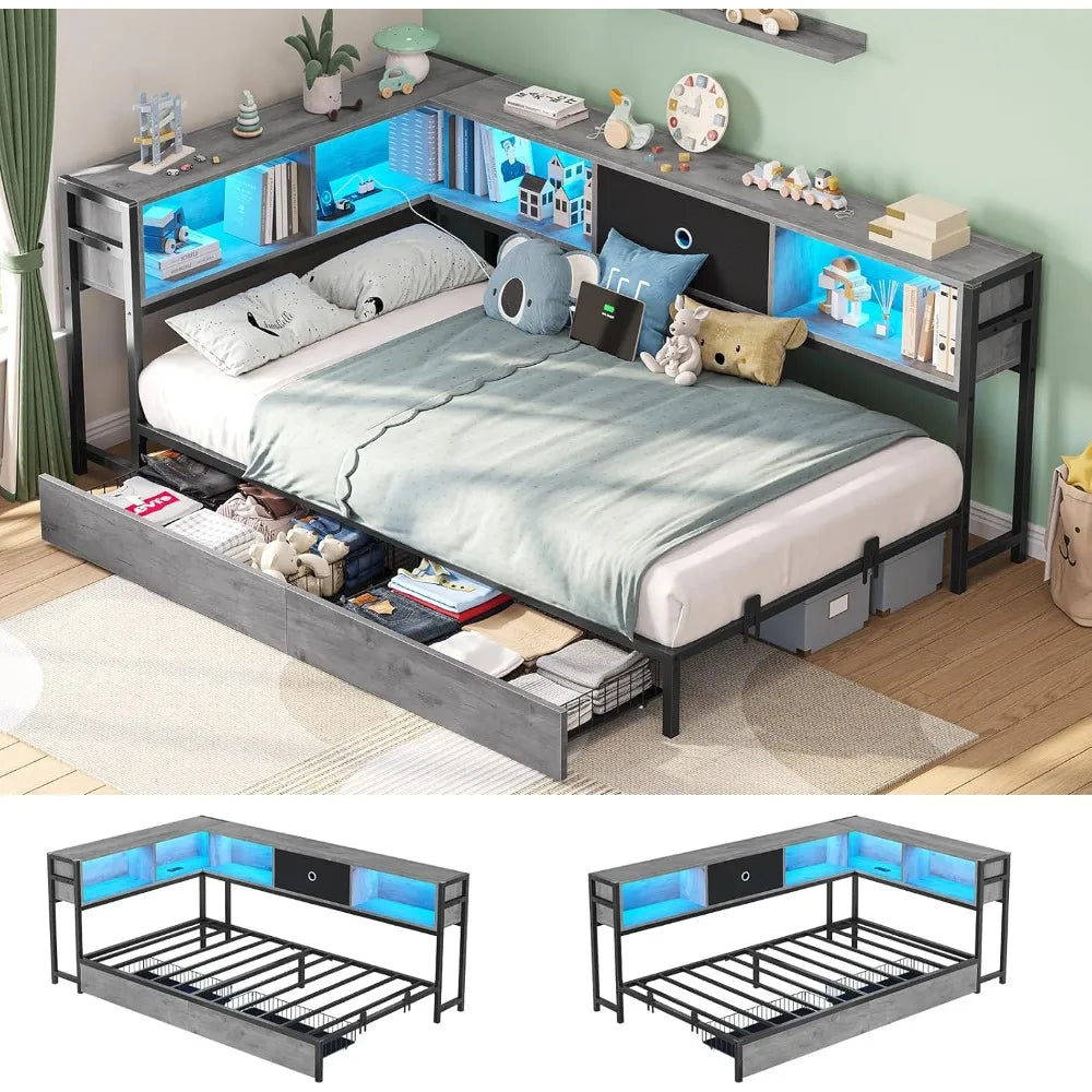 Corner Bed Frame with Storage Bookcase, Storage Drawers Underneath
