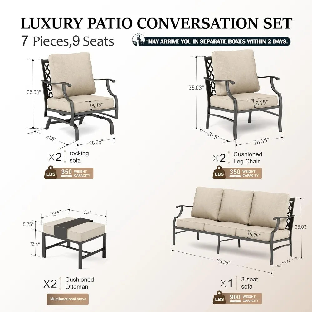 7 Piece Patio Furniture Set, 2 Rocking Chair, 2 Fixed Chair, 2 Ottoman, 1 3-Seat Sofa, Garden Furniture Sets