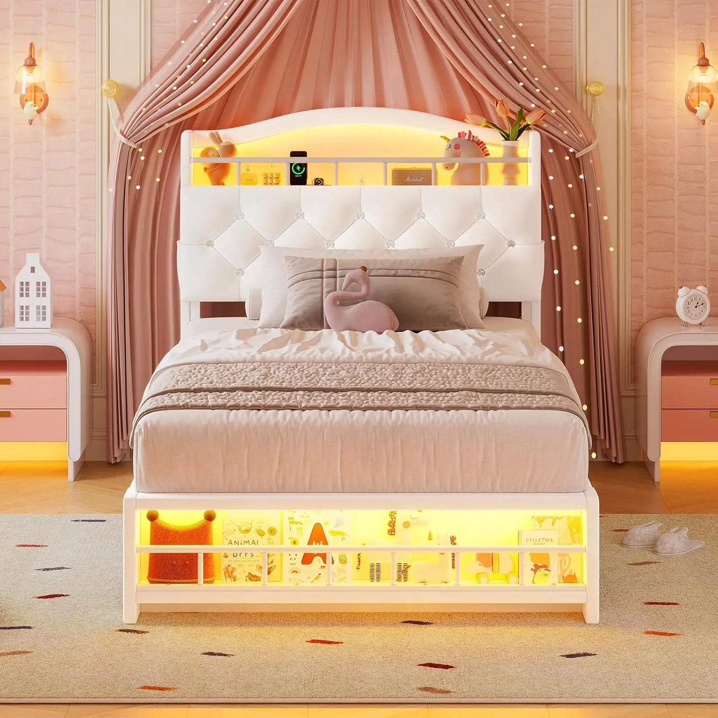 Queen Bed Frame with LED Lights, Princess Velvet Upholstered Platform Bed for Girls